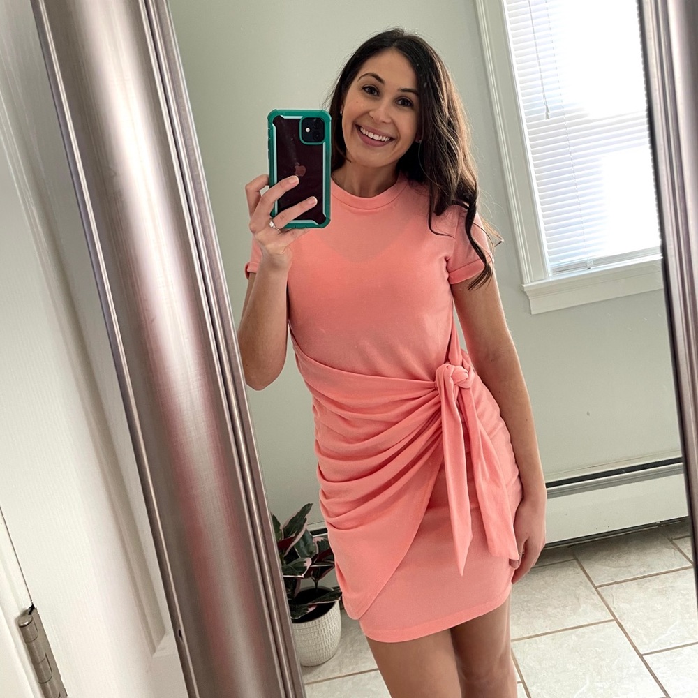 Peach Coral Ruched T-Shirt Dress